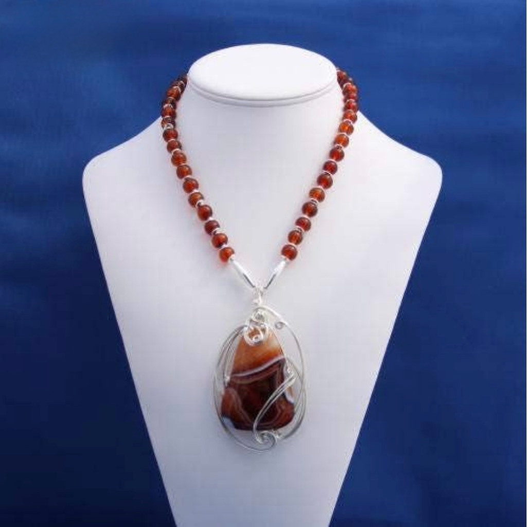 Vintage Wire-Wrapped Agate Pendant With Cognac Amber And Silver Necklace
